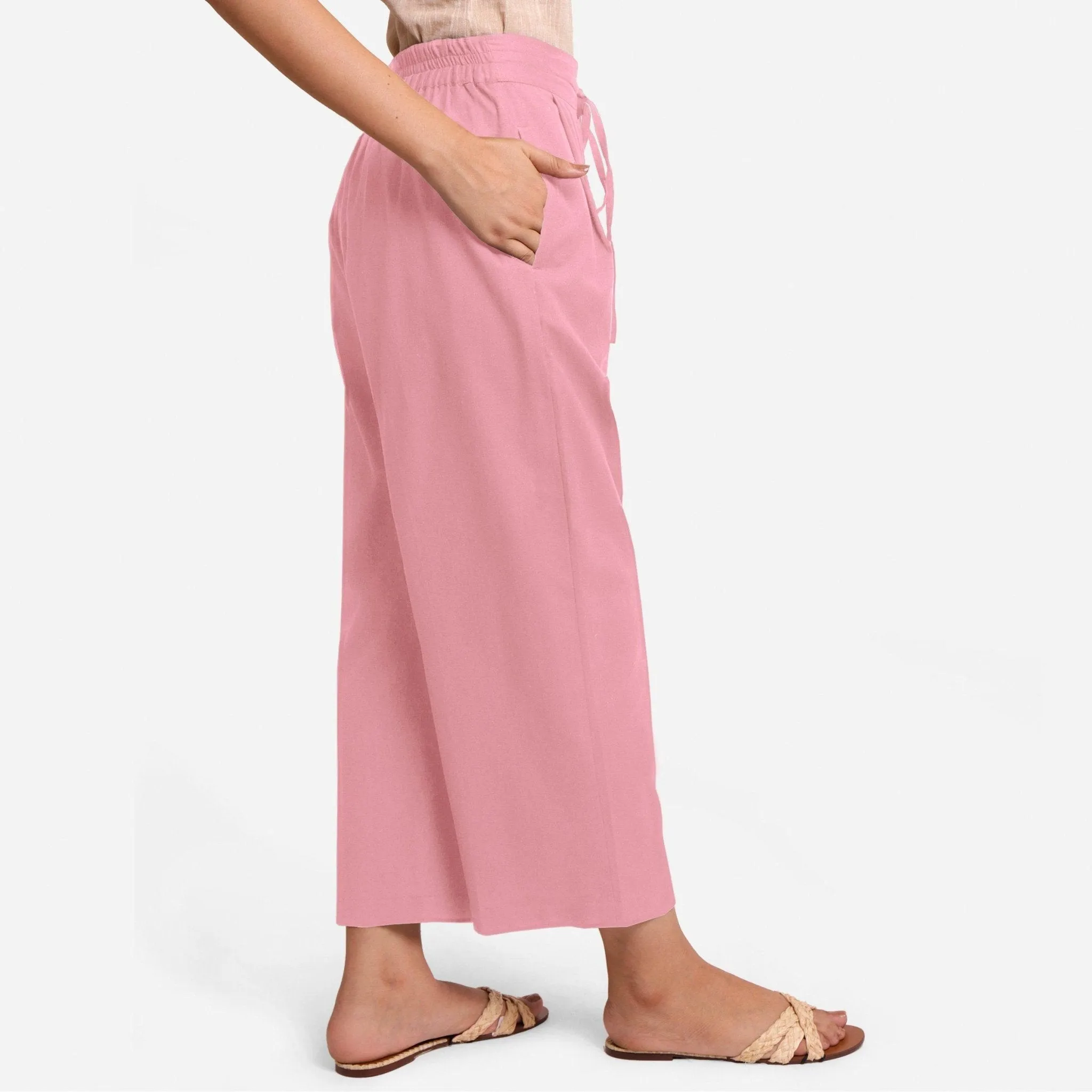 Pink Cotton Flax Elasticated Wide Legged Pant