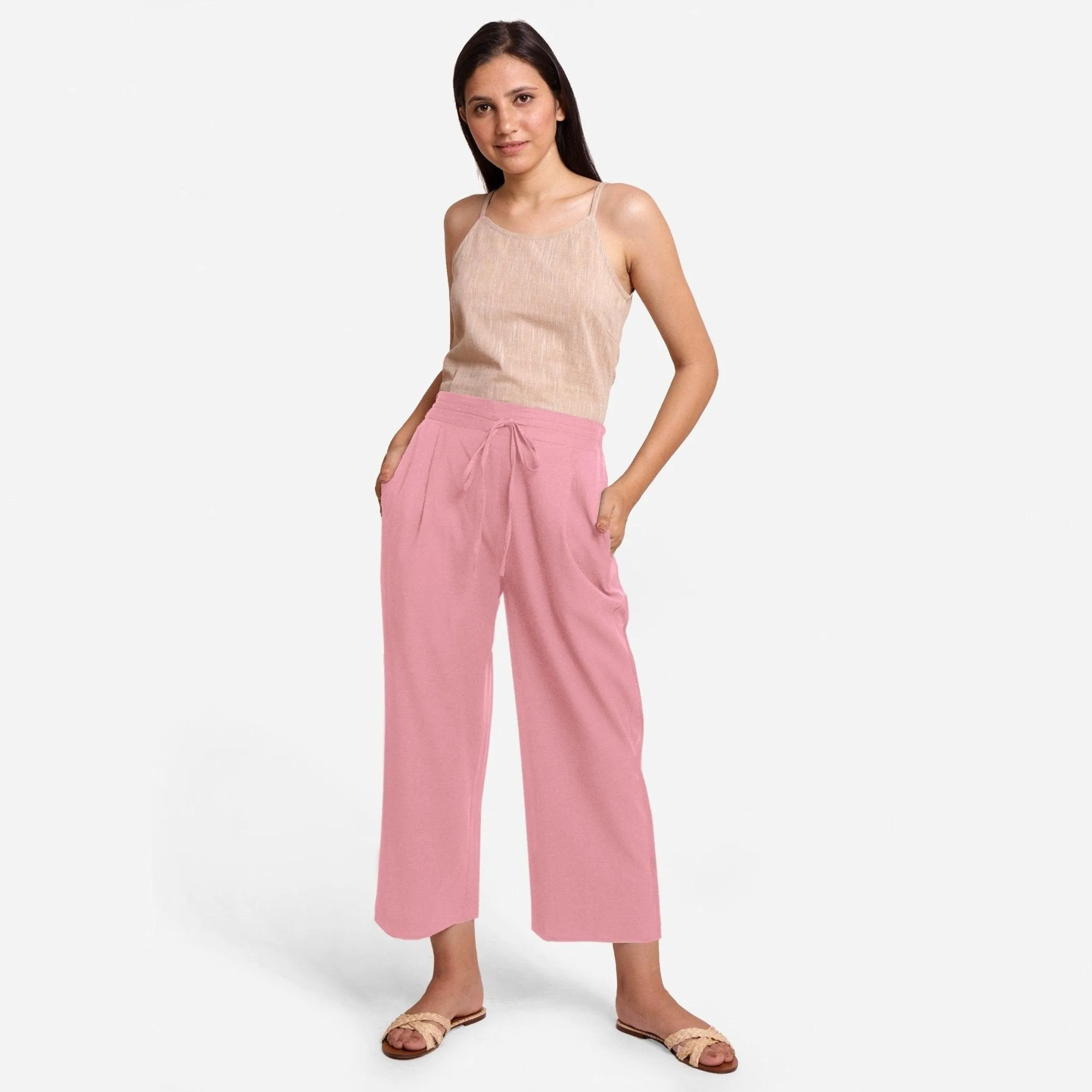 Pink Cotton Flax Elasticated Wide Legged Pant