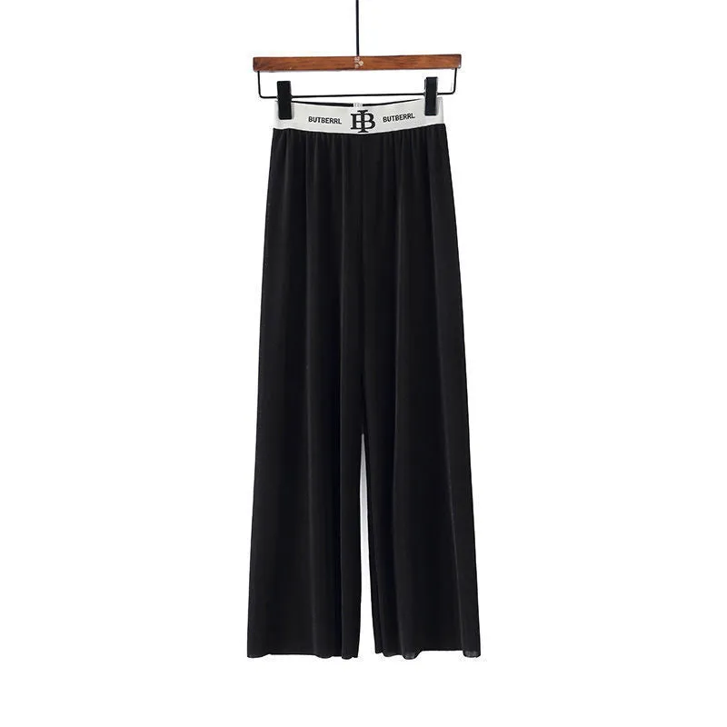 Popular Women Ice Silk Alphabets High Waist Drape Loose Wide Leg Pants All-Matching Casual Floor Length Pants