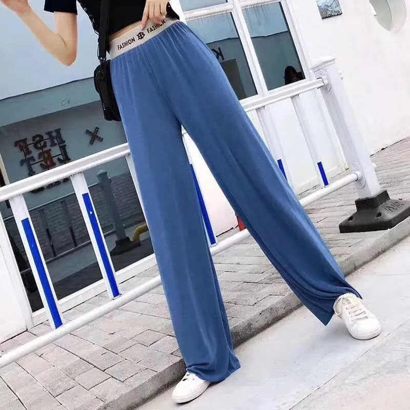 Popular Women Ice Silk Alphabets High Waist Drape Loose Wide Leg Pants All-Matching Casual Floor Length Pants