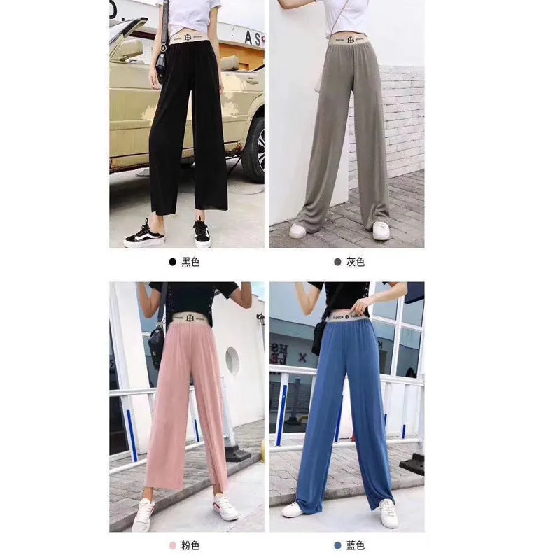 Popular Women Ice Silk Alphabets High Waist Drape Loose Wide Leg Pants All-Matching Casual Floor Length Pants