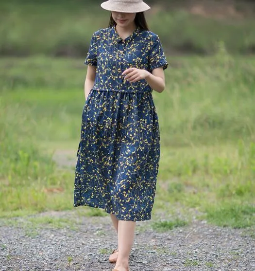 Print Floral 100% Linen Women Dresses Short Sleeves Summer Women Dresses XH9527