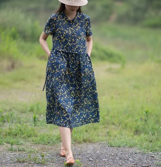 Print Floral 100% Linen Women Dresses Short Sleeves Summer Women Dresses XH9527