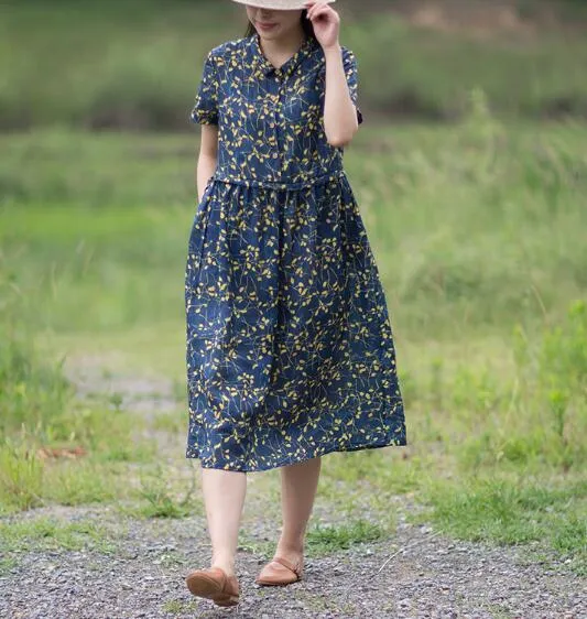 Print Floral 100% Linen Women Dresses Short Sleeves Summer Women Dresses XH9527