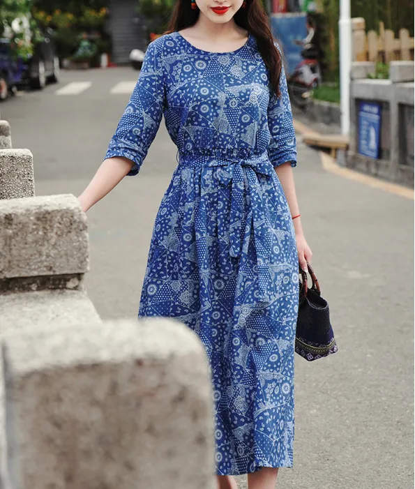 Print Women Dresses Casual Summer Linen Women Dresses SJ97215