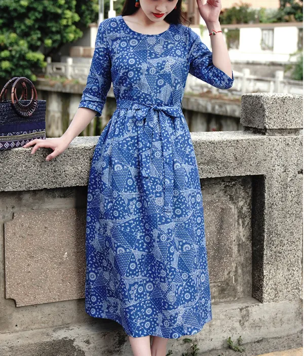 Print Women Dresses Casual Summer Linen Women Dresses SJ97215