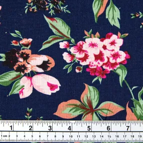 Printed Rayon/Linen Fabric, Navy Red Flower -Width 143cm