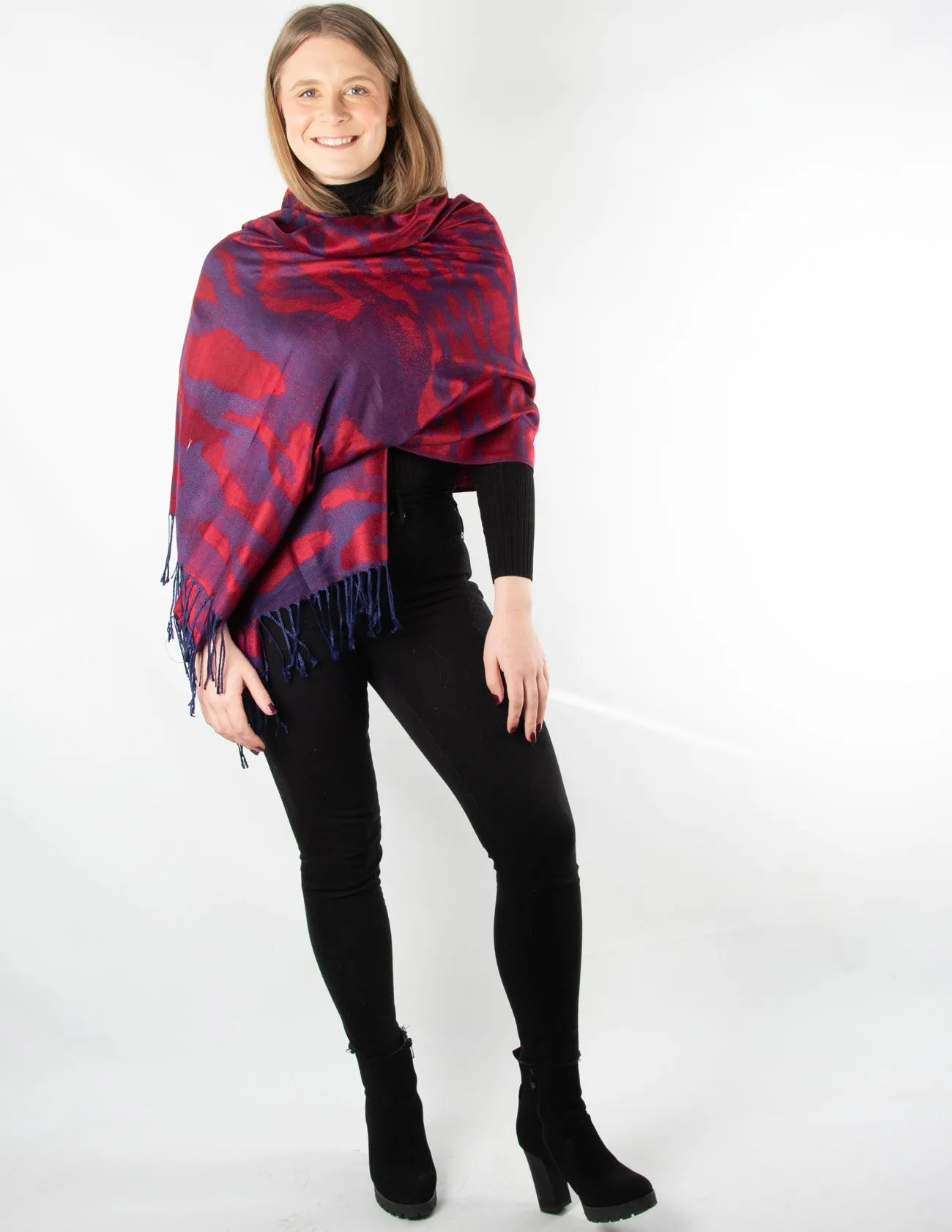 Red And Navy Animal Print Pashmina