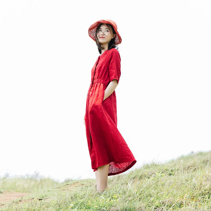 Red Linen Women Dresses Short Sleeves V Neck Buttons Dresses XH9608