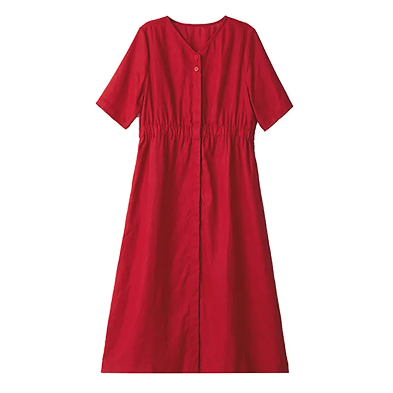 Red Linen Women Dresses Short Sleeves V Neck Buttons Dresses XH9608