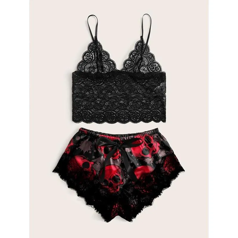 Red Skull Gothic Punk Lace, Goth Lingerie Set For Women