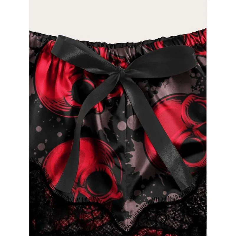 Red Skull Gothic Punk Lace, Goth Lingerie Set For Women