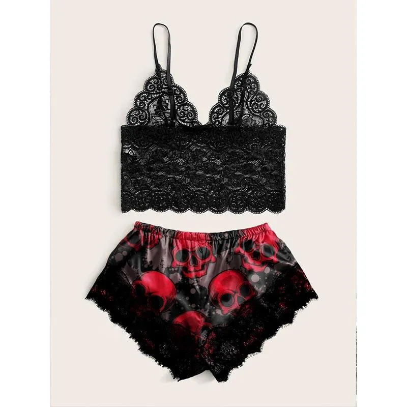 Red Skull Gothic Punk Lace, Goth Lingerie Set For Women