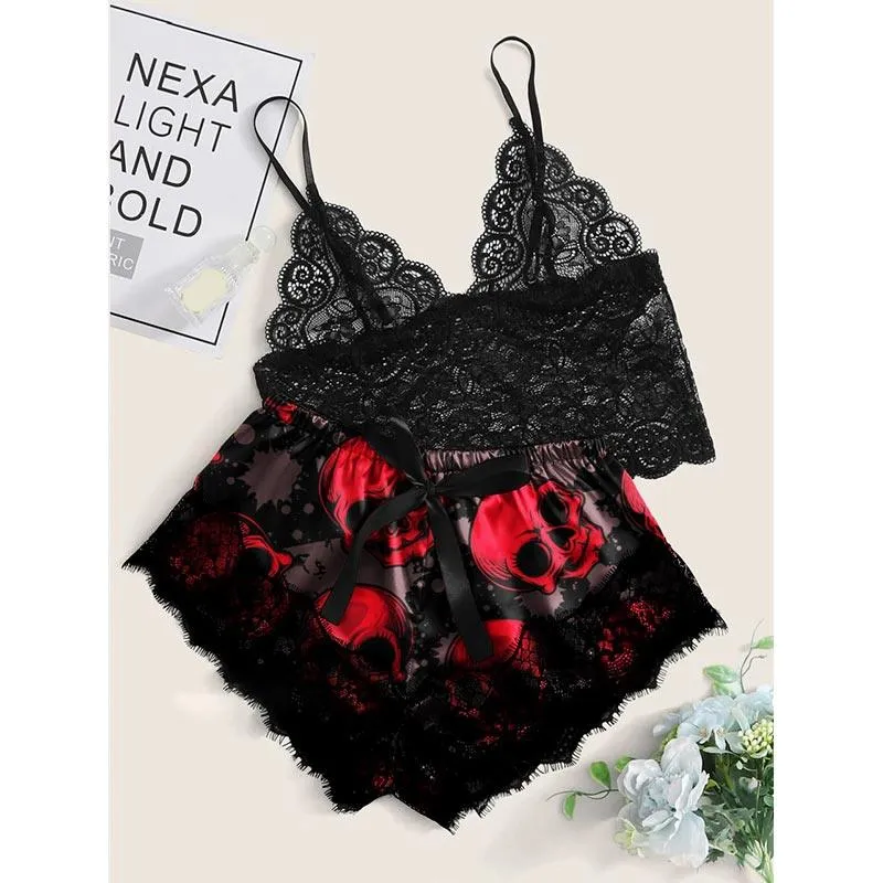 Red Skull Gothic Punk Lace, Goth Lingerie Set For Women