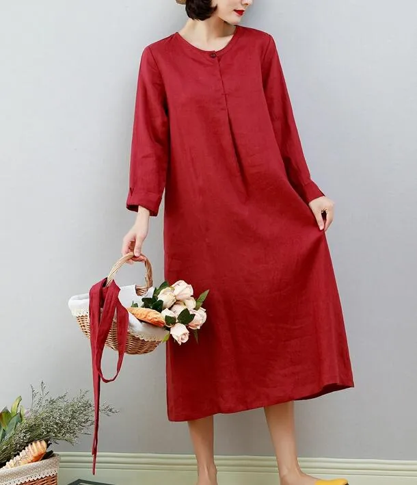 Red Women Dresses Ramie Casual Spring Linen Women Dresses MN97215