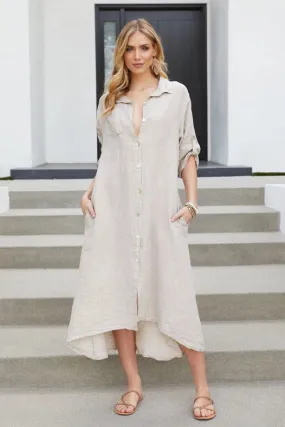 Roll Up Sleeve Linen Button Down Dress