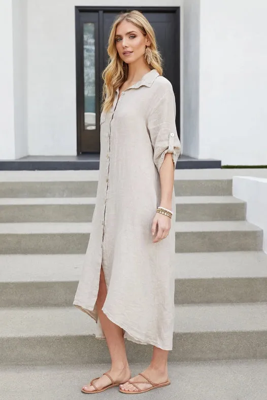 Roll Up Sleeve Linen Button Down Dress