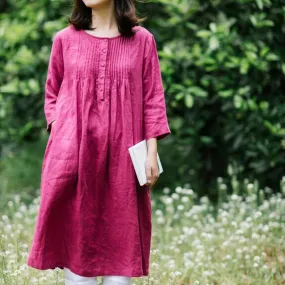 Rose Red 100% Linen Women Dresses Half Sleeves Summer Women Dresses XH9527