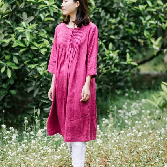 Rose Red 100% Linen Women Dresses Half Sleeves Summer Women Dresses XH9527