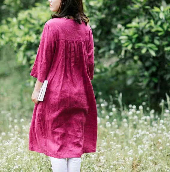 Rose Red 100% Linen Women Dresses Half Sleeves Summer Women Dresses XH9527