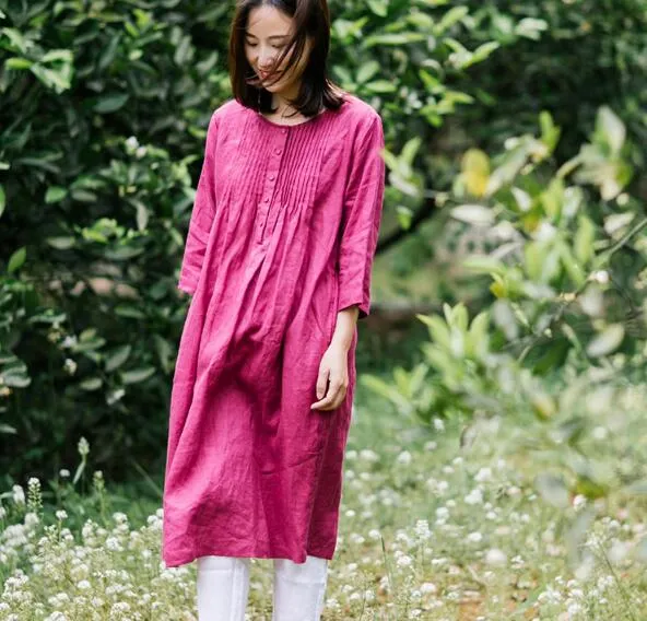 Rose Red 100% Linen Women Dresses Half Sleeves Summer Women Dresses XH9527