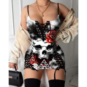 Rose Skull Fire Gothic Eyelet Lace-up Letter Dress