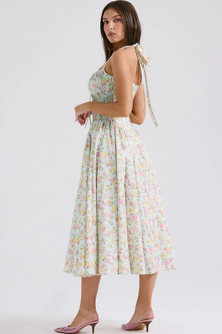 Sexy Bow Tie Halter Neck Pocket Smocked Summer Floral Midi Sundress - Green