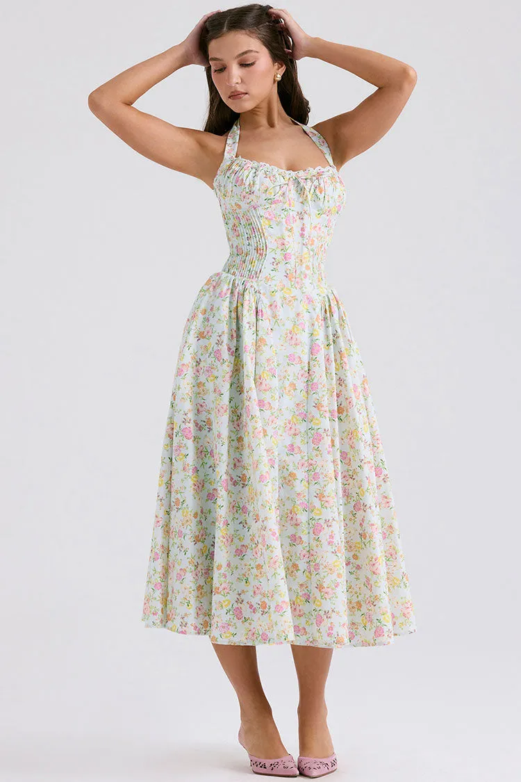 Sexy Bow Tie Halter Neck Pocket Smocked Summer Floral Midi Sundress - Green