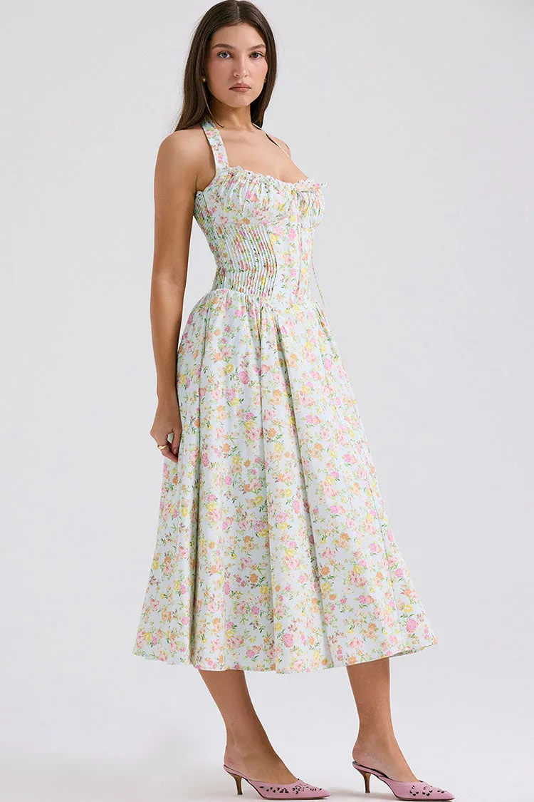 Sexy Bow Tie Halter Neck Pocket Smocked Summer Floral Midi Sundress - Green