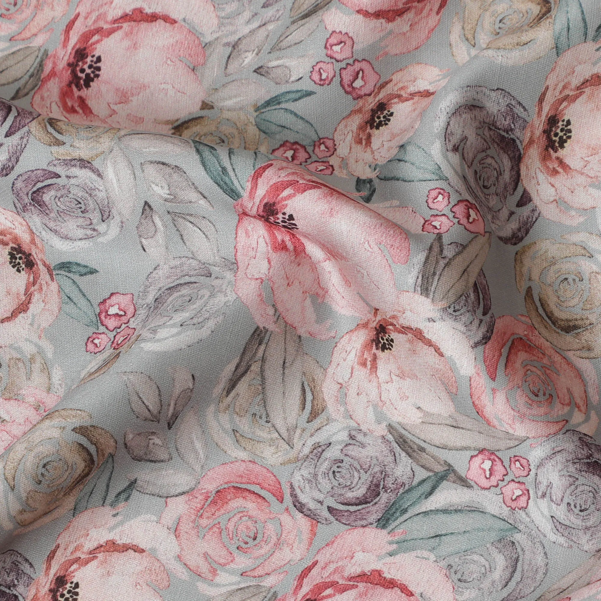 Shabby Chic Pink and Grey Rose Blended Cotton Lawn Fabric - 140 Cm Width, Soft and Breathable, Perfect for Casual and Home Décor-D19156