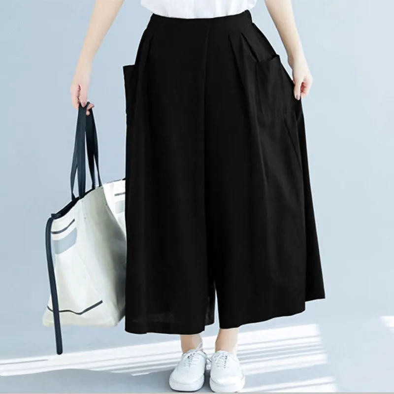 shopeePopular Cotton Blend Women Pants Casual Loose Wide Leg Pants