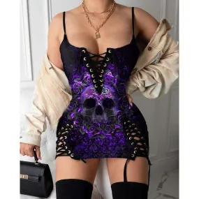 Skull Purple Gothic Eyelet Lace-up Letter Dress