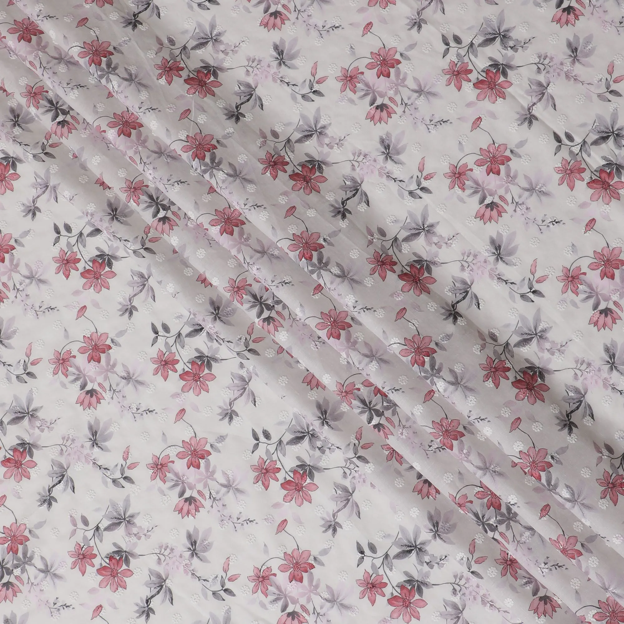 Springtime Blossom Cotton Lawn Fabric with Embroidery, 110cm Wide - Sold by the Meter from India-D18863