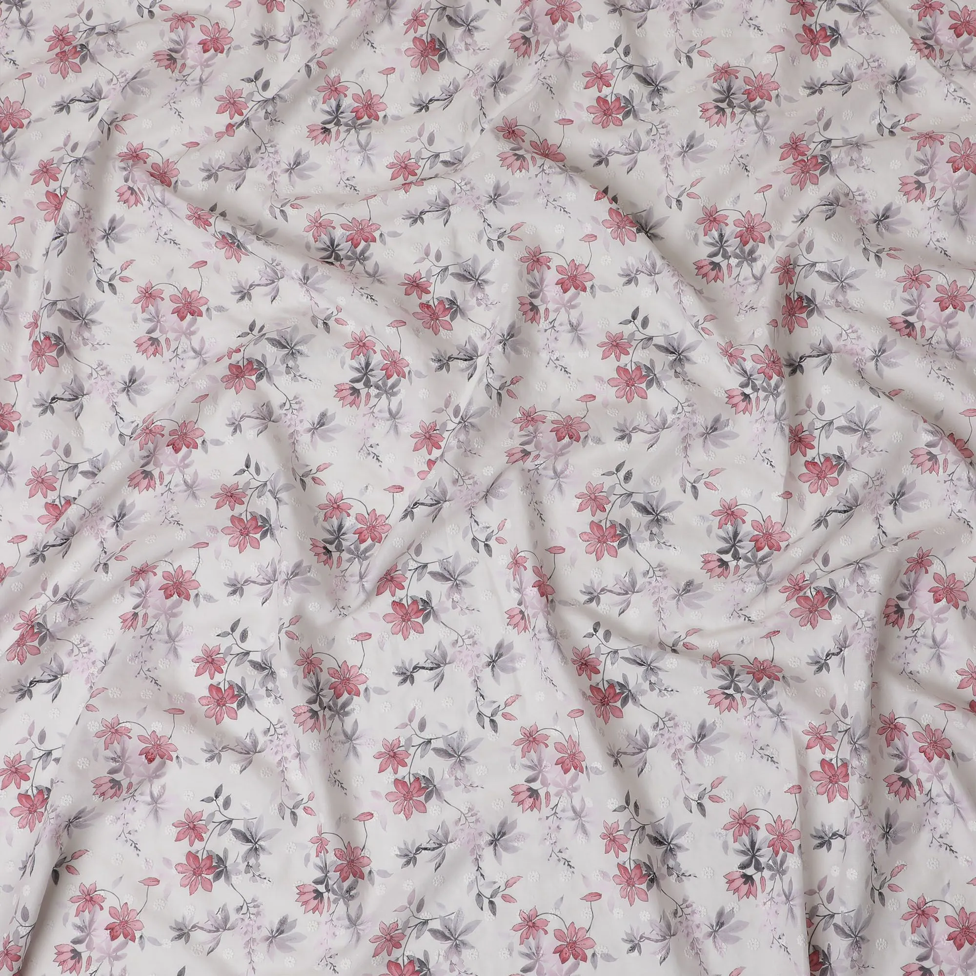 Springtime Blossom Cotton Lawn Fabric with Embroidery, 110cm Wide - Sold by the Meter from India-D18863