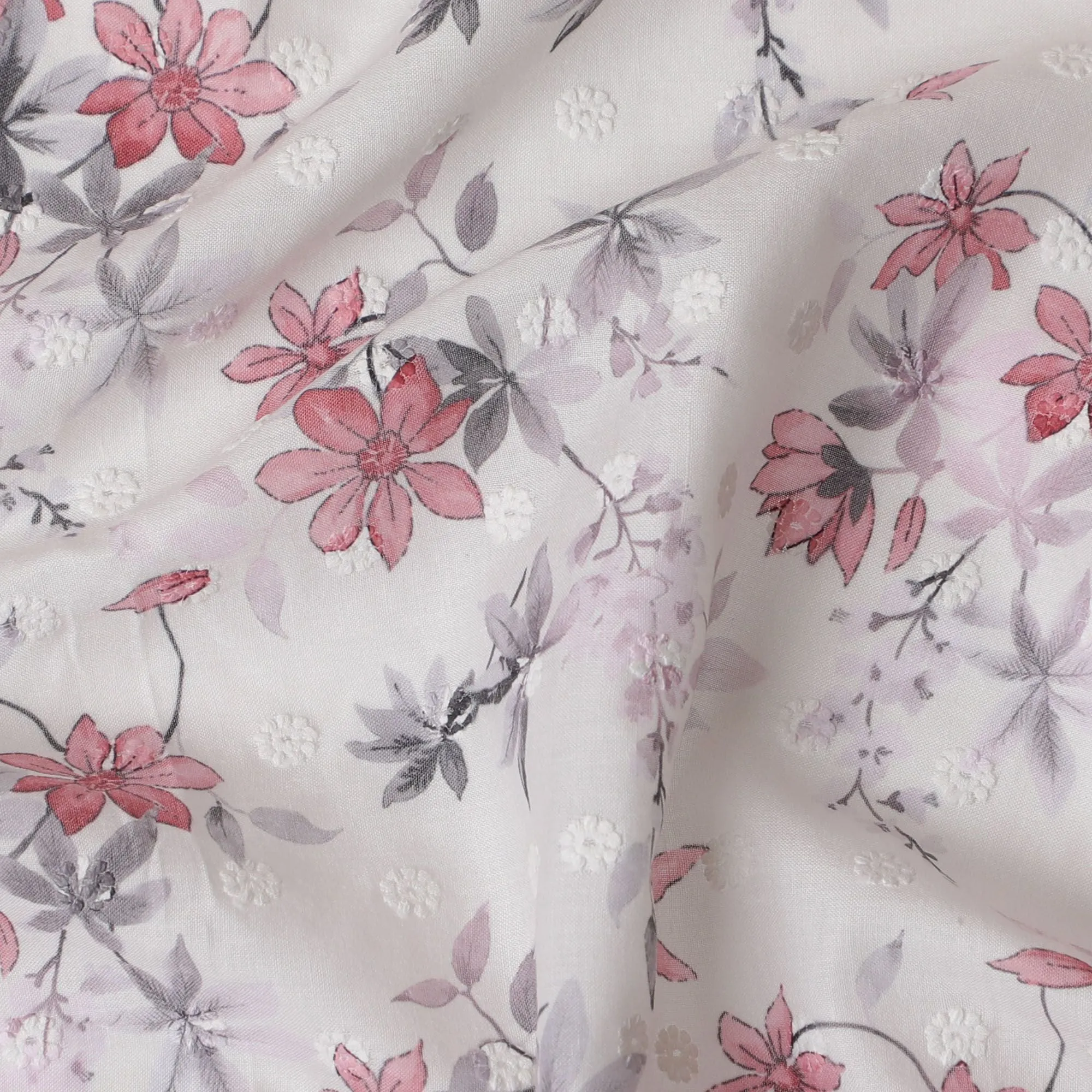 Springtime Blossom Cotton Lawn Fabric with Embroidery, 110cm Wide - Sold by the Meter from India-D18863