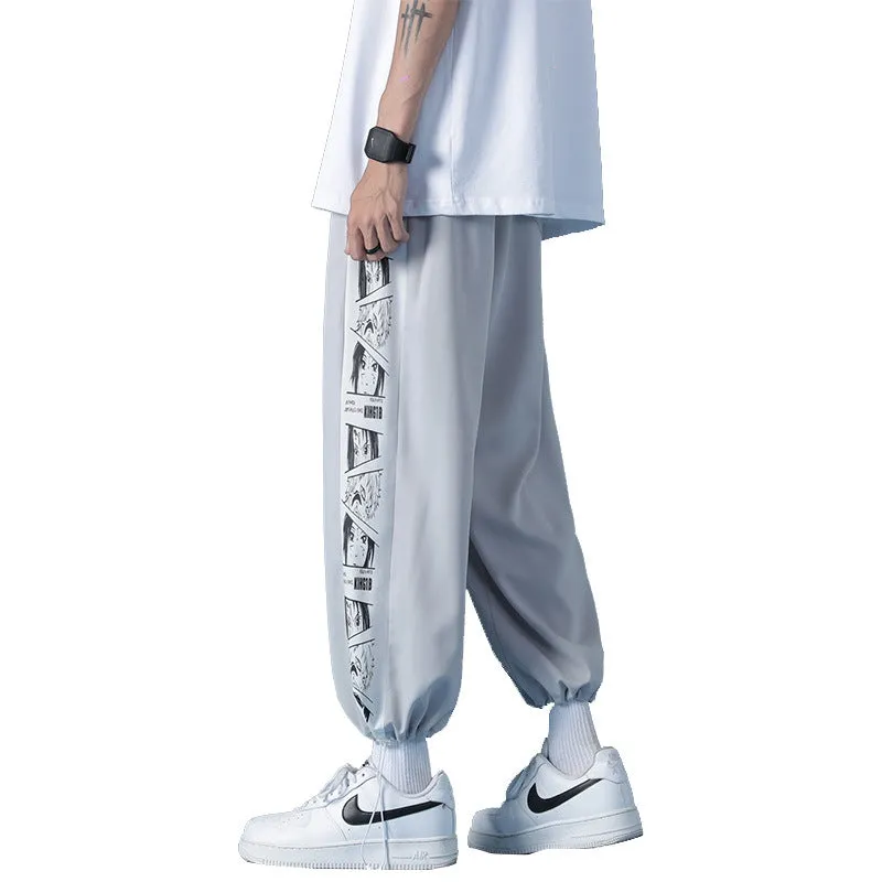 Summer Cartoon Printed Spliced Thin Wide Leg Loose Silk Sport Pants