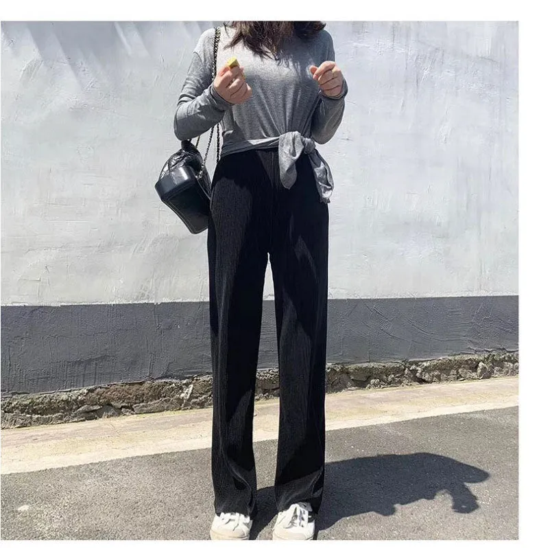 Summer Chiffon Women High Waist Fold Loose Casual Drawstring Cozy Minimalist Wide Leg Pants