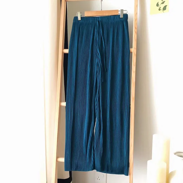 Summer Chiffon Women High Waist Fold Loose Casual Drawstring Cozy Minimalist Wide Leg Pants