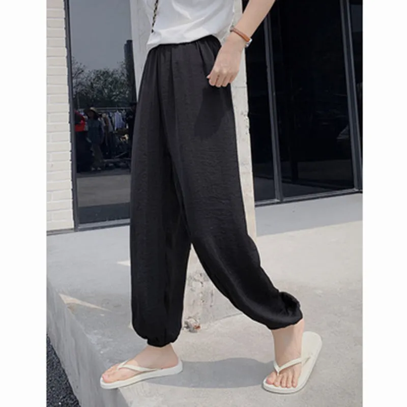 Summer Ice Silk High Waist Slim-Look Ankle-Length Casual Women All-Matching Drape Loose Lantern Cool Wide Leg Pants