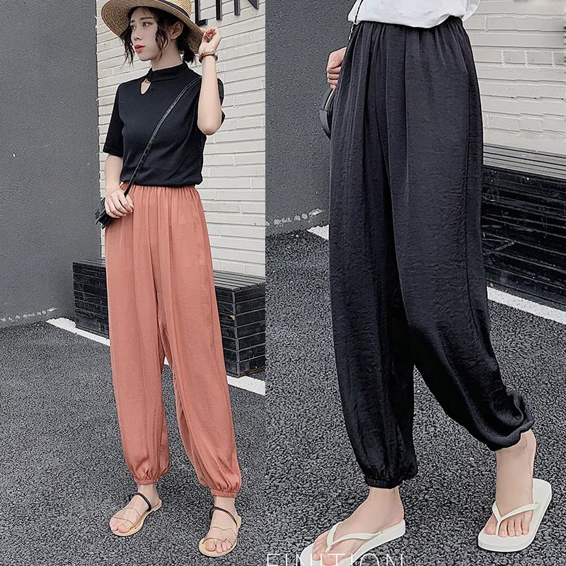 Summer Ice Silk High Waist Slim-Look Ankle-Length Casual Women All-Matching Drape Loose Lantern Cool Wide Leg Pants