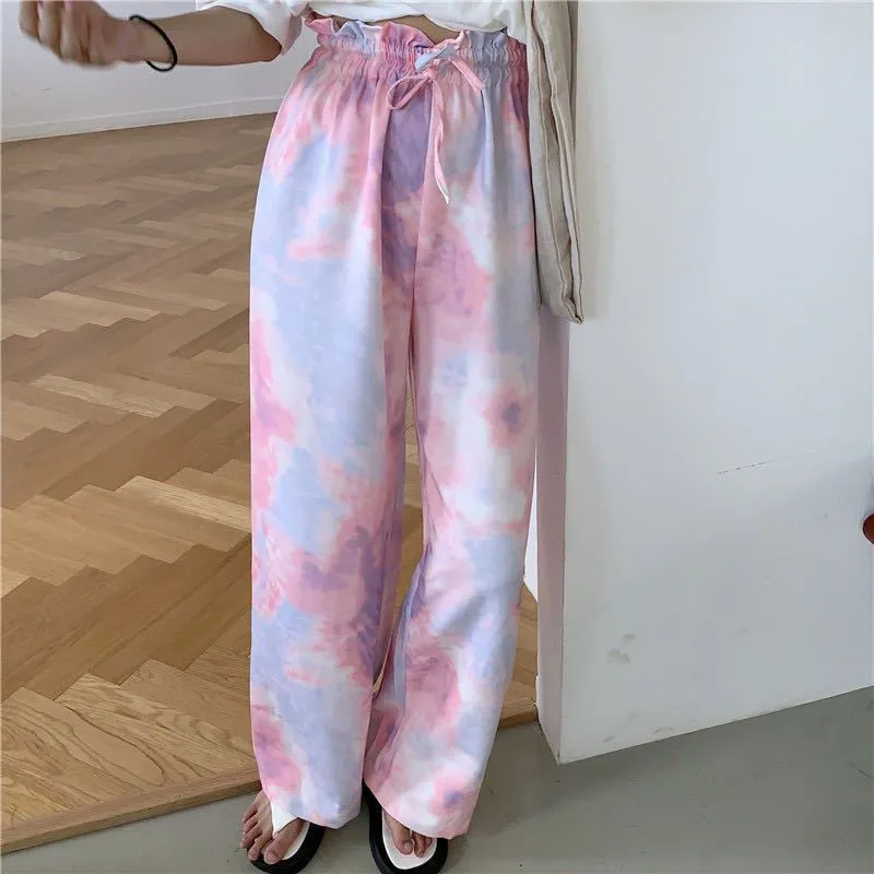 Summer Korean Color-Matching Flowers High Waist Slim-Look Ankle-Length Wide Leg Casual All-Matching Women Pants