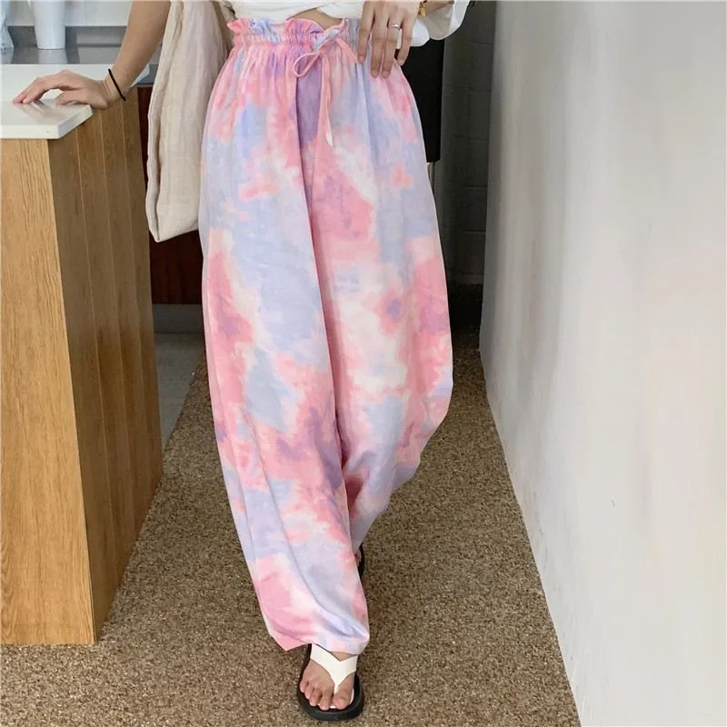 Summer Korean Color-Matching Flowers High Waist Slim-Look Ankle-Length Wide Leg Casual All-Matching Women Pants