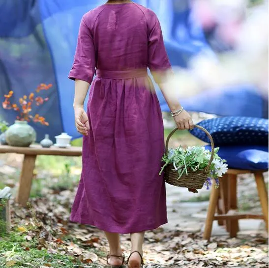 Summer Linen Women Dresses Sleeves O Neck Dresses CH9515