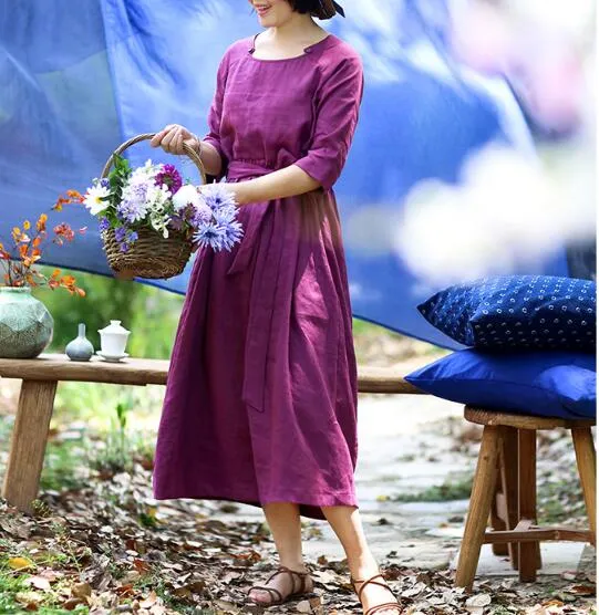 Summer Linen Women Dresses Sleeves O Neck Dresses CH9515