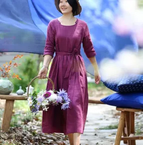 Summer Linen Women Dresses Sleeves O Neck Dresses CH9515