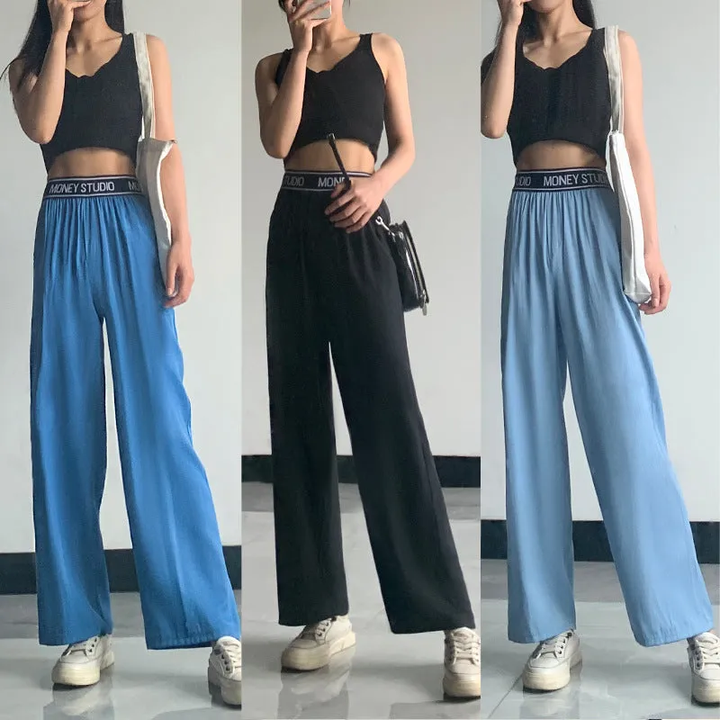 Summer Wide Leg Denim Pants Women High Waist Loose Drape Ice Silk Thin Straight Floor Length Pants