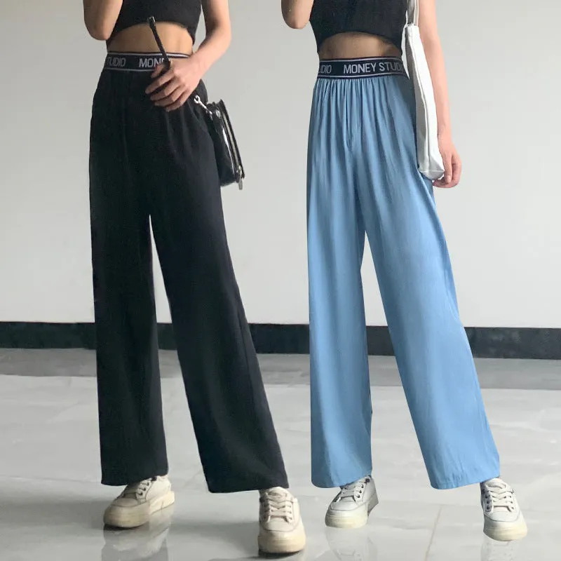 Summer Wide Leg Denim Pants Women High Waist Loose Drape Ice Silk Thin Straight Floor Length Pants