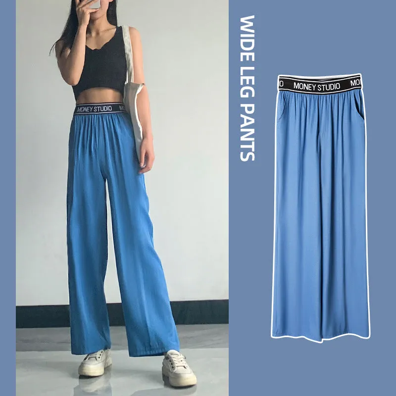 Summer Wide Leg Denim Pants Women High Waist Loose Drape Ice Silk Thin Straight Floor Length Pants