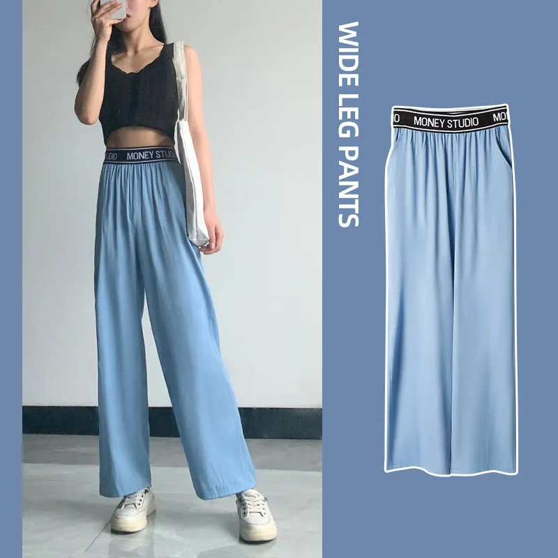 Summer Wide Leg Denim Pants Women High Waist Loose Drape Ice Silk Thin Straight Floor Length Pants