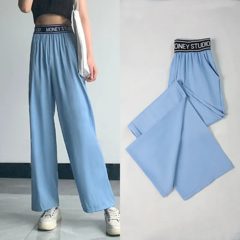 Summer Wide Leg Denim Pants Women High Waist Loose Drape Ice Silk Thin Straight Floor Length Pants